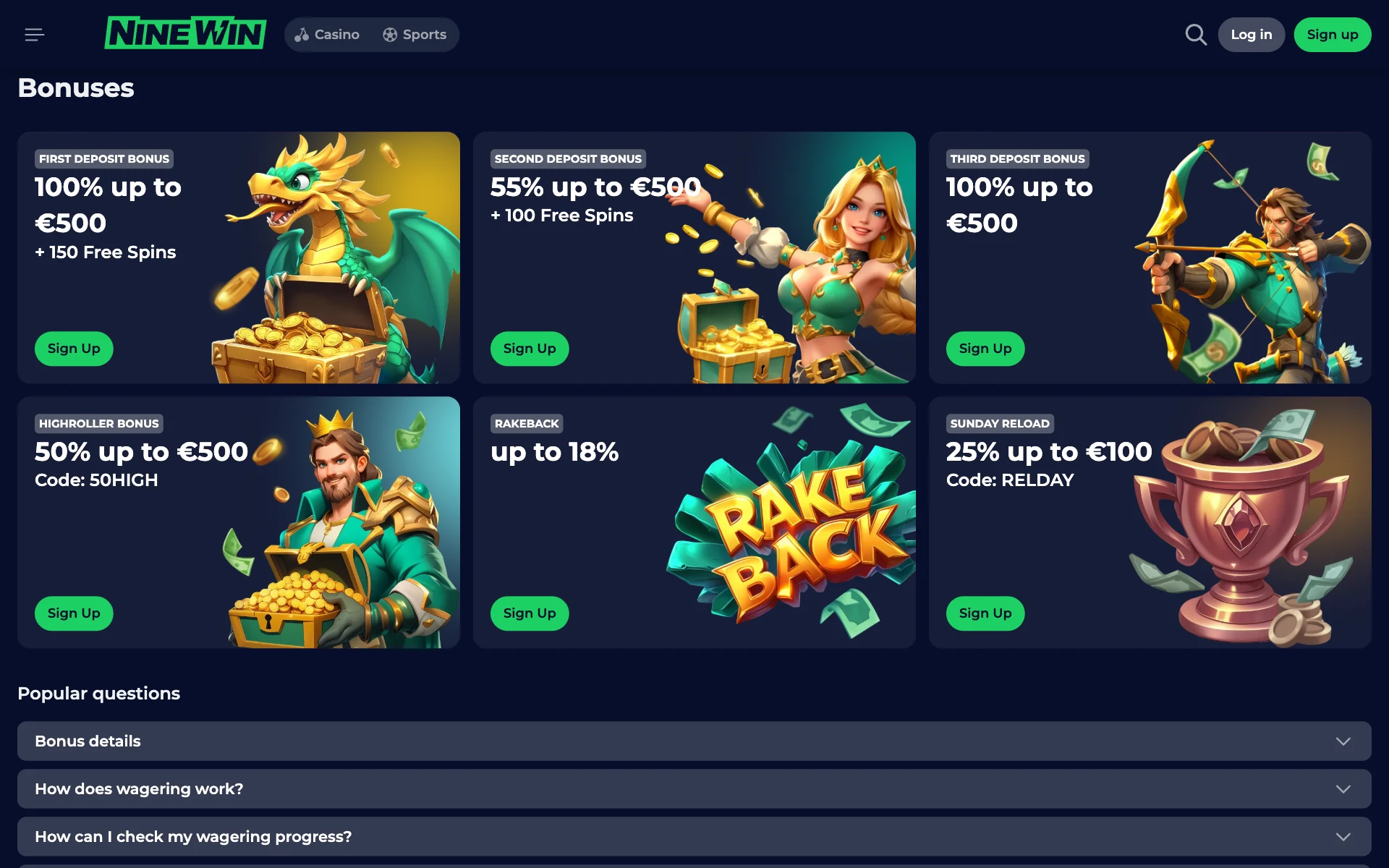NineWin page listing the deposit offers