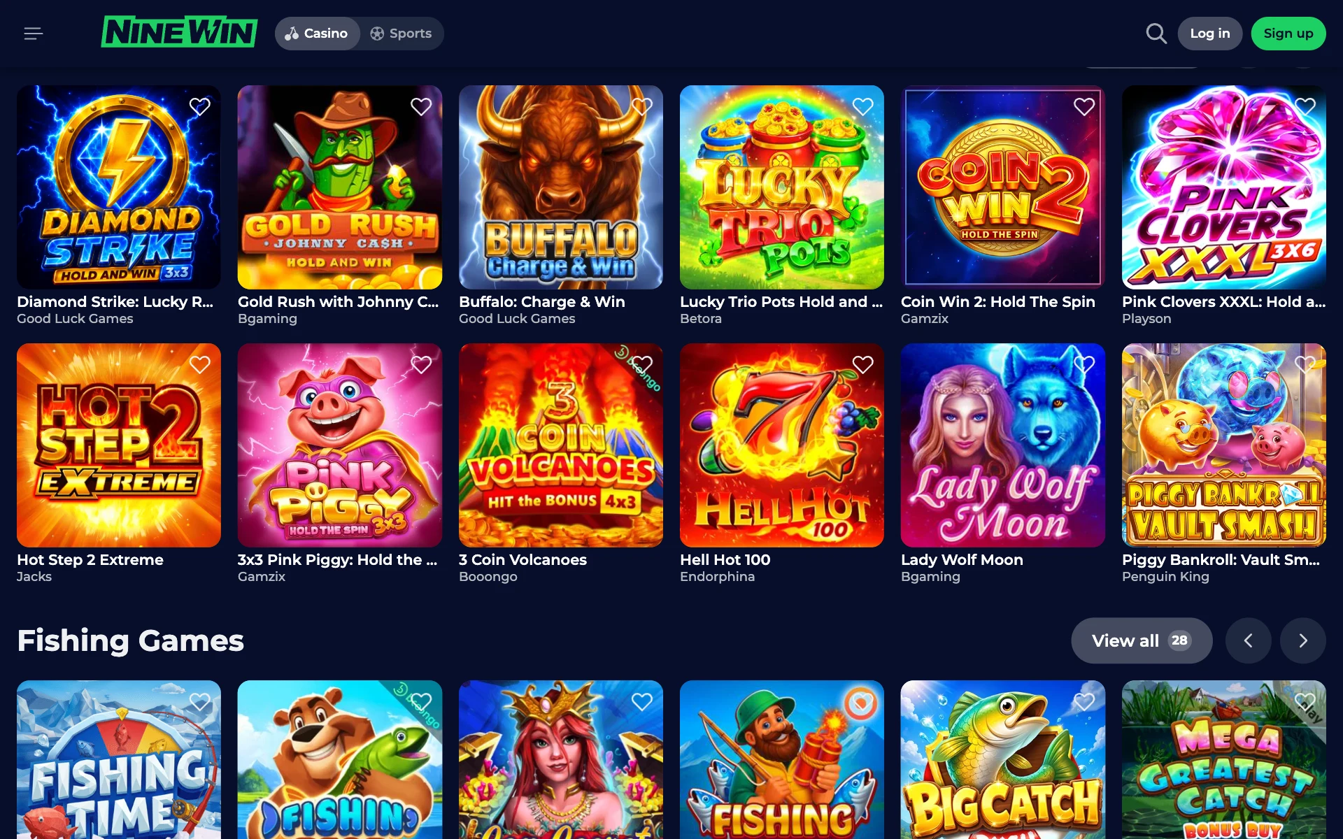 NineWin slot lobby with the top games grid